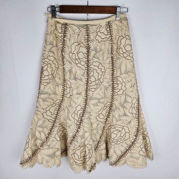 Lafayette 148 Beige Floral Embroidered Beaded Skirt Size 2 A-Line Bohemian Retro - Picture 3 of 9